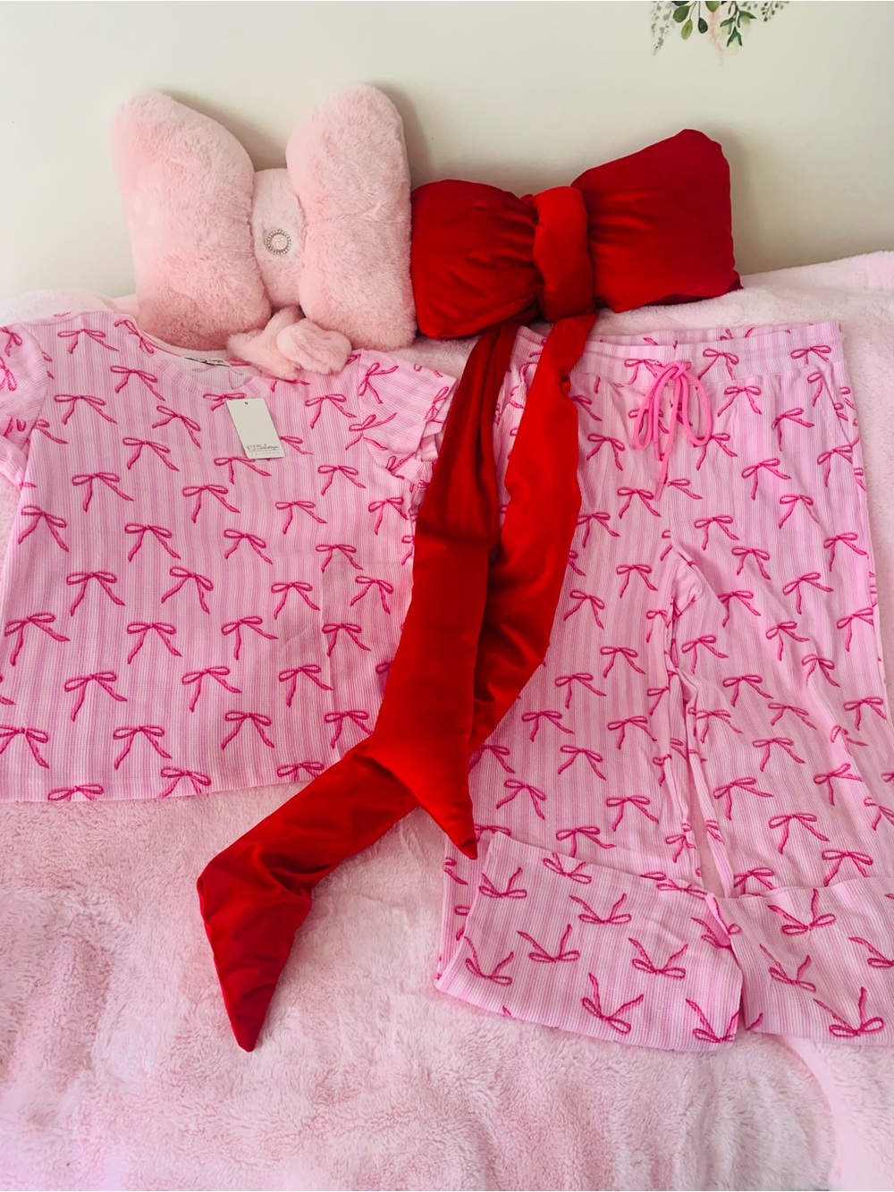 PJ Salvage Airy Waffle Pajama Set “Put a Bow on It” Pink Bow Size Large Lounge
